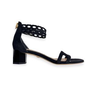 DVF Black Suede Cut-Out Sandals with Geometric Heel, Size 6
